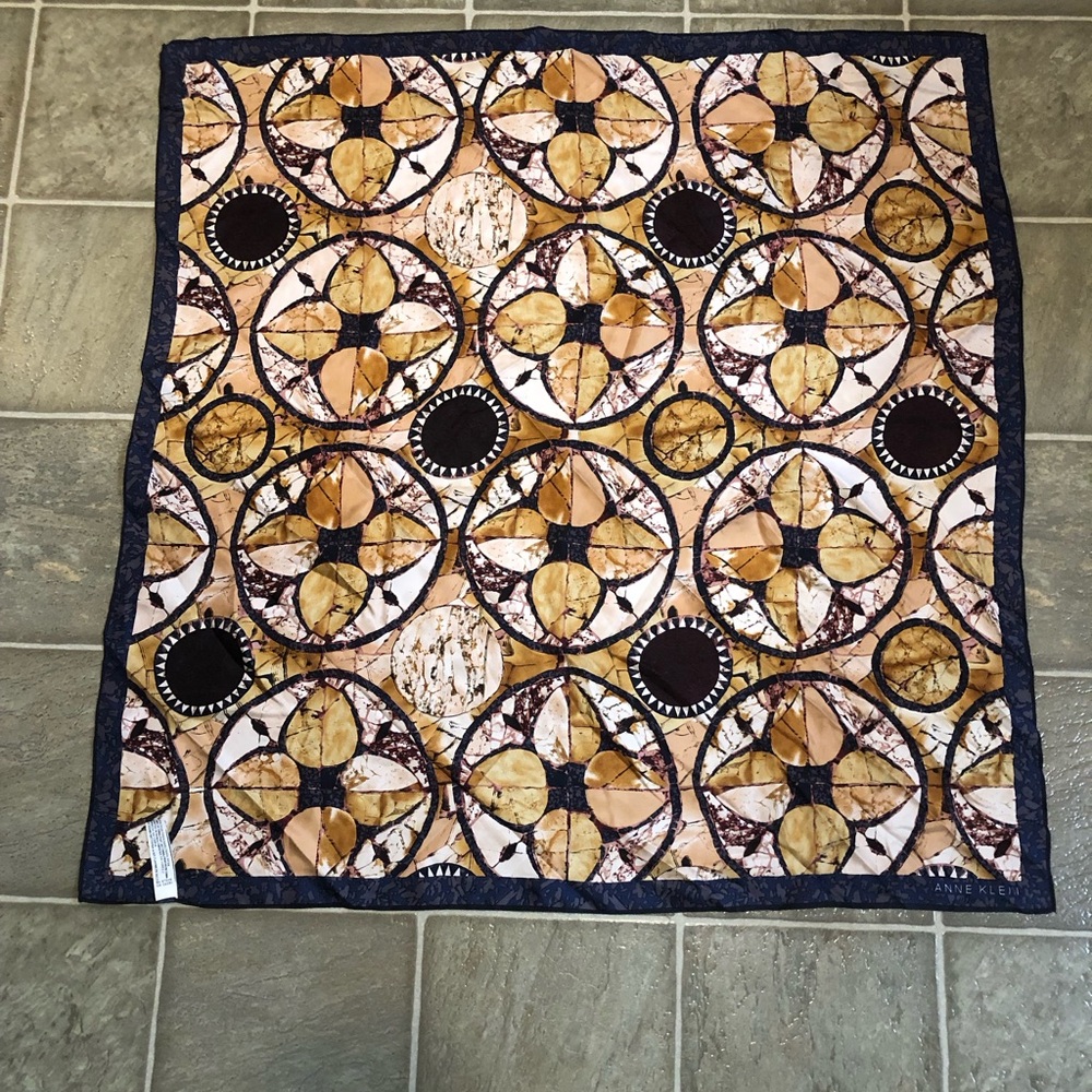 Vintage Anne Klein Geometric Pattern 100% Silk Scarf - Black, Brown, Cream